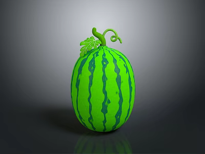 Ripe Green Striped Watermelon With Fresh Vine And Leaves On Top 3d model