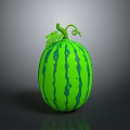Ripe Green Striped Watermelon With Fresh Vine And Leaves On Top