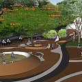 Innovative Urban Park Landscape Featuring White Sculptural Structure Curved Paths Trees And Wavy Ground Patterns