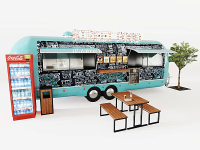 Light Blue Street Food Truck With Coca-Cola Cooler Chalkboard Menu And Wooden Tables Benches 3d model
