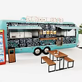 Light Blue Street Food Truck With Coca-Cola Cooler Chalkboard Menu And Wooden Tables Benches