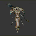 Elegant Woman in Golden Ornate Outfit Holding Decorative Staff with Intricate Headpiece and Flowing Ribbons