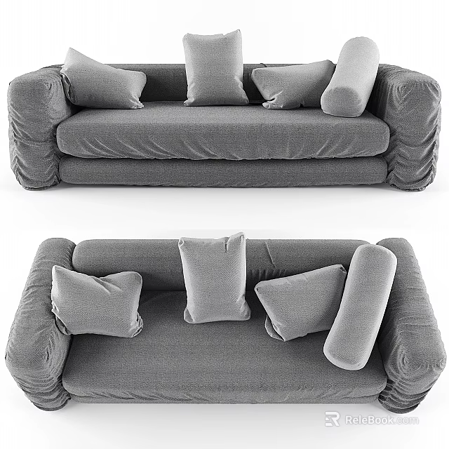 Modern Gray Fabric Three Seater Sofa With Multiple Cushions And Pillow 3d model 