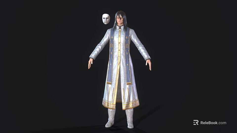 The Man in Silver White Robe with Gold Decorations Long Hair and Floating White Mask 3d model 