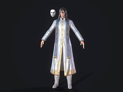 The Man in Silver White Robe with Gold Decorations Long Hair and Floating White Mask 3d model