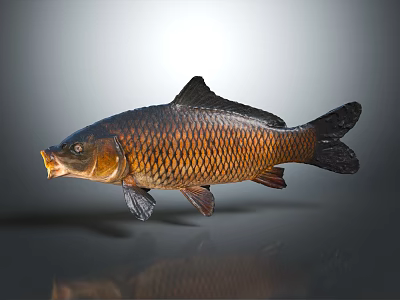 Brown and orange carp with open mouth and black fins on gray background with reflection 3d model