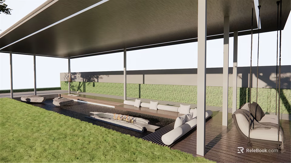 Modern Courtyard Garden Design With Covered Pergola Wooden Deck Lush Lawn And Seating Area 3d model 