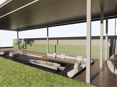 Modern Courtyard Garden Design With Covered Pergola Wooden Deck Lush Lawn And Seating Area 3d model