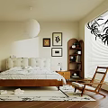 Modern Bedroom Interior With Padded Headboard Bed White Wardrobes Decorative Paintings And Spherical Pendant Light