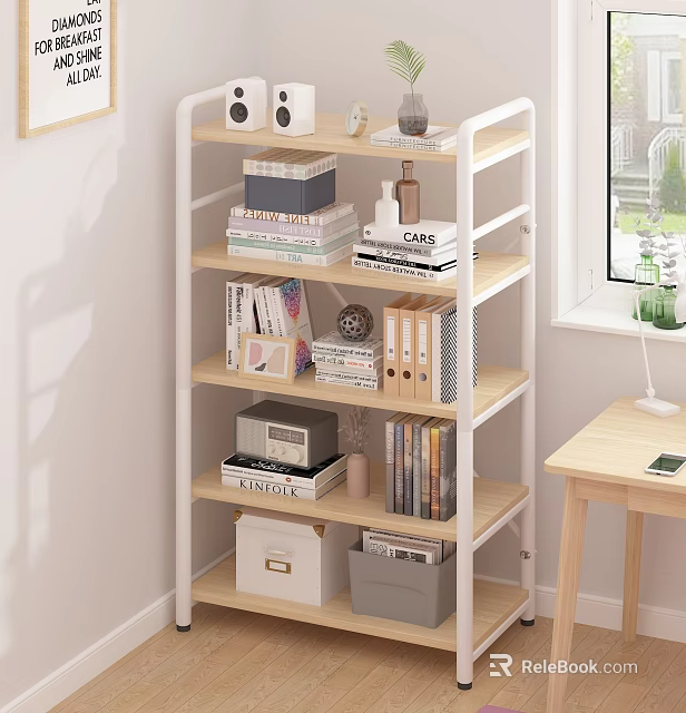 Modern Office Desk With Wooden Bookshelf Books Frames Decorations And Supplies 3d model 