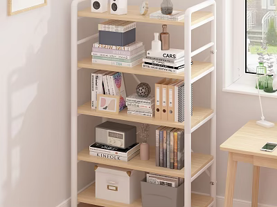 Modern Office Desk With Wooden Bookshelf Books Frames Decorations And Supplies 3d model