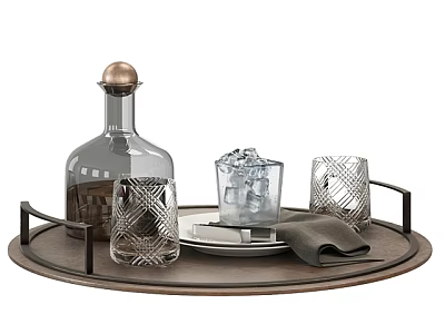 Stylish Home Living Items on Round Tray Glass Decanter Copper Cap Patterned Cups Ice Bucket 3d model