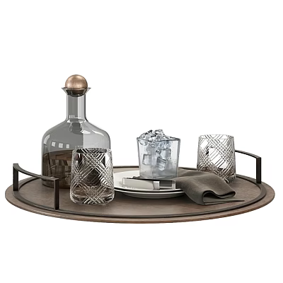 Stylish Home Living Items on Round Tray Glass Decanter Copper Cap Patterned Cups Ice Bucket 3d model