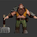 Dwarf Character Standing With Red Beard Yellow Vest And Large Hammer 3d model