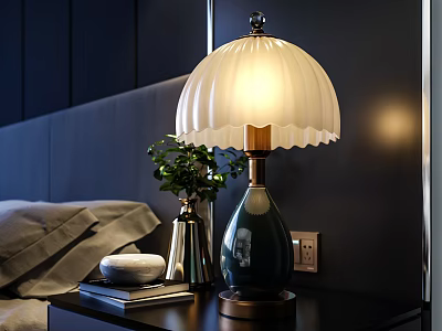 Stylish Single Sofa in Bedroom with White Shade Blue Base Lamp Green Plant and Books 3d model