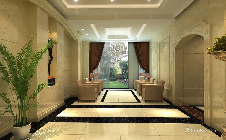 Hotel Lobby Interior With Beige Walls Chandelier Armchairs Potted Plant And Garden View Through Windows 3d model 