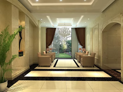 Hotel Lobby Interior With Beige Walls Chandelier Armchairs Potted Plant And Garden View Through Windows 3d model