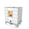 Industrial IBC Container With White Plastic Tank Metal Frame Red Cap Warning Labels Bottom Valve