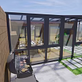 Villa Balcony with Glass Roof Pendant Lights Brick Wall Green Plants Outdoor Seating Mountain View
