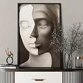 Modern Entryway Console Table with Striped Panels White Drawers Metal Handles and Decorative Vase