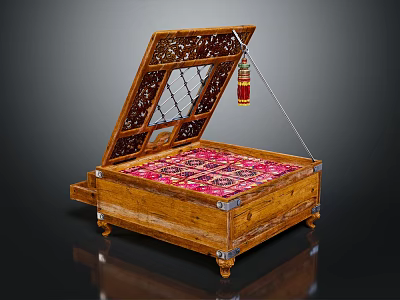 Wooden Chest Style Double Bed With Open Carved Lid And Patterned Mattress Inside 3d model