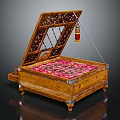 Wooden Chest Style Double Bed With Open Carved Lid And Patterned Mattress Inside