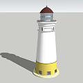 White And Yellow Lighthouse Tower With Red Dome And Multiple Windows