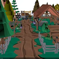 Vibrant Cartoon Scene With Wooden Cabins Green Trees Dirt Path And Wooden Fences
