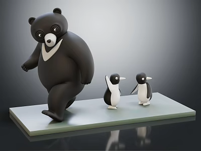 3D Model of Black Bear and Two Penguins on Green Platform 3d model
