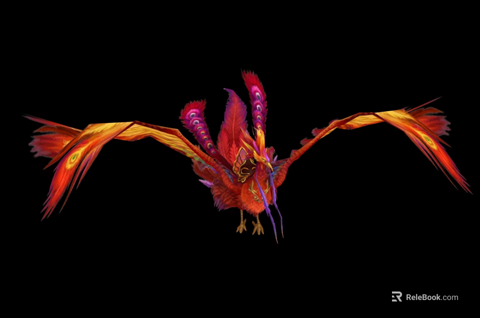 Colorful Phoenix Bird Spreading Wings with Red Orange Purple Feathers on Black Background 3d model 