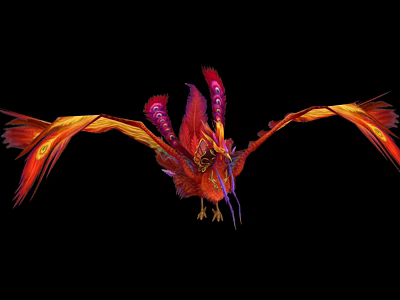 Colorful Phoenix Bird Spreading Wings with Red Orange Purple Feathers on Black Background 3d model