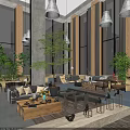 Modern Hotel Public Lounge Area Design With Sofas Armchairs Green Plant Wooden Tables And Decorative Sculptures