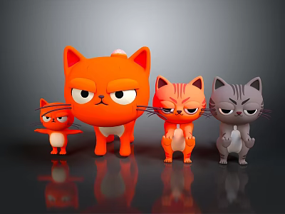 Four 3D Cartoon Cats In Orange And Gray With Angry Expressions 3d model