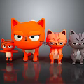 Four 3D Cartoon Cats In Orange And Gray With Angry Expressions