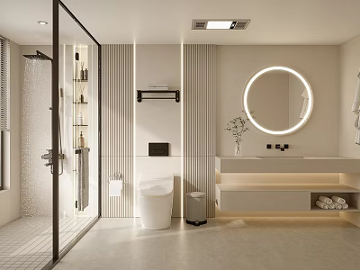 Modern Bathroom With Glass Shower Smart Toilet And Round Mirror 3d model