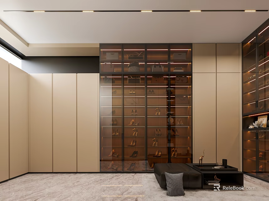 Modern Walk in Closet Design With Glass Doors Wooden Cabinets And Ambient Lighting 3d model 