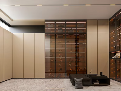 Modern Walk in Closet Design With Glass Doors Wooden Cabinets And Ambient Lighting 3d model