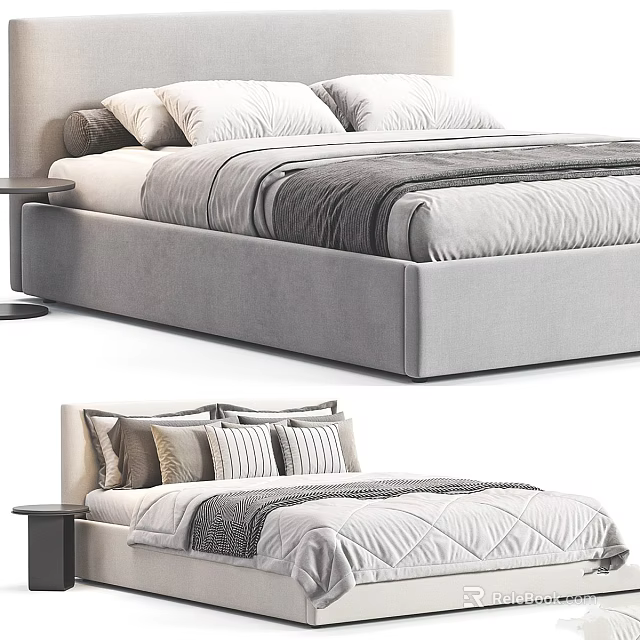 Modern Double Bed Interior With Upholstered Frame Plush Pillows And Quilted Comforter 3d model 
