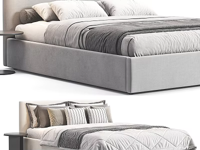 Modern Double Bed Interior With Upholstered Frame Plush Pillows And Quilted Comforter 3d model