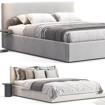 Modern Double Bed Interior With Upholstered Frame Plush Pillows And Quilted Comforter 3d model