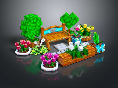 Pixel Style Natural Scene With Green Heart Trees Colorful Flowers Wooden Path And Flower Pots 3d model