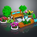 Pixel Style Natural Scene With Green Heart Trees Colorful Flowers Wooden Path And Flower Pots