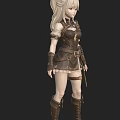 Woman In Leather Outfit With Corset Short Skirt Wrist Guards And Boots