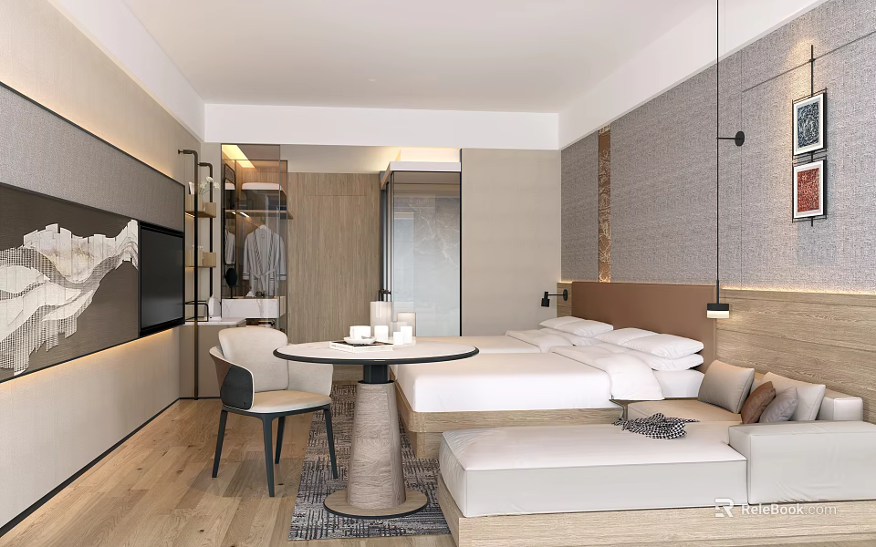 Modern Hotel Room Interior Design With King Bed Sofa Round Table TV And Open Wardrobe 3d model 