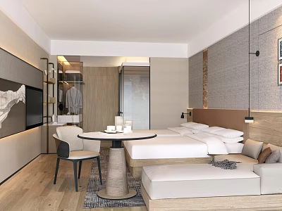 Modern Hotel Room Interior Design With King Bed Sofa Round Table TV And Open Wardrobe 3d model