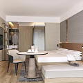 Modern Hotel Room Interior Design With King Bed Sofa Round Table TV And Open Wardrobe