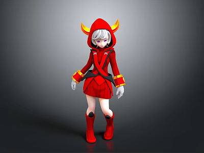 3D Fantasy Character Model With Red Hooded Outfit Yellow Horns Gray Hair And Purple Eyes 3d model