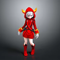 3D Fantasy Character Model With Red Hooded Outfit Yellow Horns Gray Hair And Purple Eyes