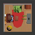 Cartoon Room Scene Featuring Red Sofa TV Bookshelf Lamp Window Curtain And Rug
