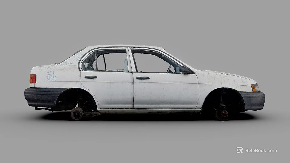 White Sedan Car With Missing Wheels And Worn Exterior Parts 3d model 